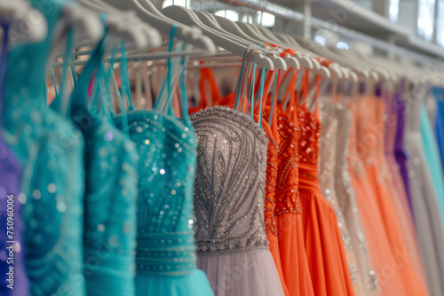 Many colorful elegant formal dresses for sale in luxury modern shop boutique. Prom gown, wedding, evening, bridesmaid dresses dress details. Dress rental for various occasions and events