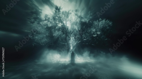 Mysterious forest scene with ethereal light, evoking a magical St. Patrick's Day atmosphere.