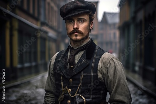 Scottish man from Victorian era. Historical male in vintage attire outdoor portrait. Generate ai