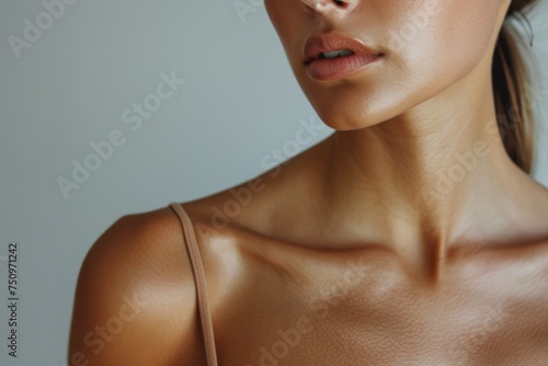 Close up of a woman wearing a tan top, suitable for fashion or lifestyle concepts