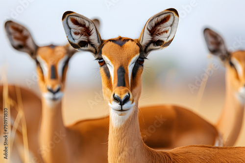 Close up image of a group of impala antelopes in the african savanna during a safari -