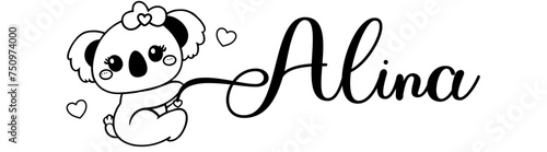 Alina - black color - name written - Word with Koala kawaii for websites, baby shower, greetings, banners, cards,, t-shirt, sweatshirt, prints, cricut, silhouette, sublimation 