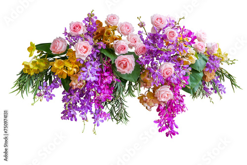 Pink rose and tropical orchid flowers with green leaves floral arrangement nature wedding backdrop
