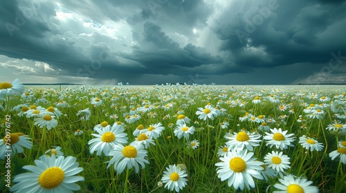 Field of White and Yellow Flowers Under Cloudy Sky