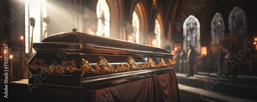 Coffin in a church at funeral with perfect light and flowers, banner. Generative Ai.