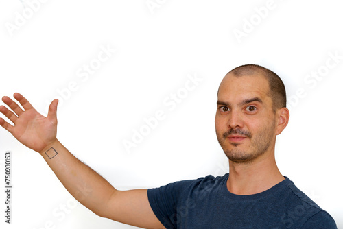 expressive bald man making hand gesture , cheerful man