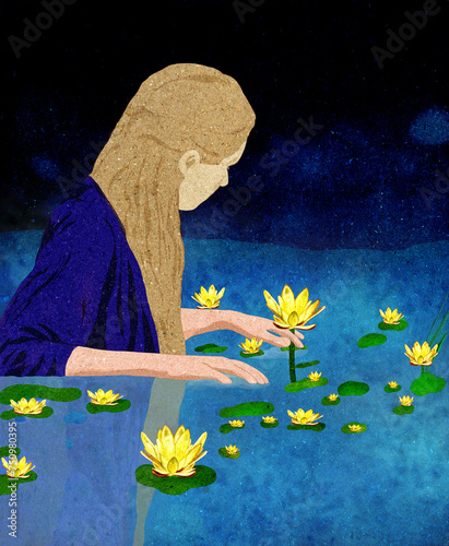 Ilustracja młoda kobieta z długimi włosami brodząca w wodzie wśród roślin wodnych wieczorowa pora.