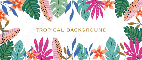 Flat illustration. Tropical background. Boho leaves, monstera, botanical tropical leaves and floral pattern. Perfect for home decor, wallpaper, wall art, social media post and story background...