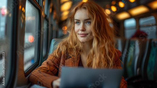 Salarié en télétravail dans les transports en commun : jeune cheffe de projet, consultante ou commerciale travaillant sur son ordinateur portable dans le train