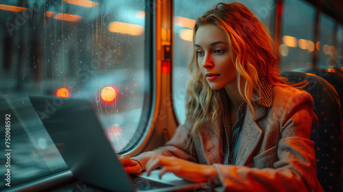 Salarié en télétravail dans les transports en commun : jeune consultante travaillant sur son ordinateur portable dans le train