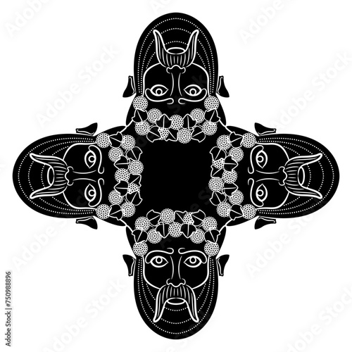 Square cross shape design with four antique masks of god Bacchus. Bearded horned male faces wearing grape wreaths. Black and white silhouette.