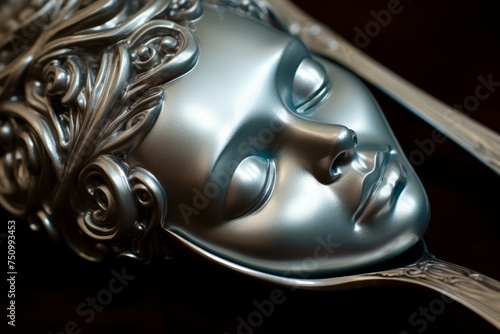 Closeup photo of silver antique spoon. Vintage culinary teaspoon cutlery with classic decorations. Generate ai