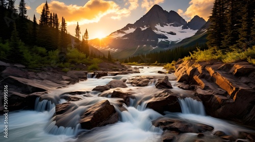 Mountain river in the Canadian Rockies at sunrise. Panorama.