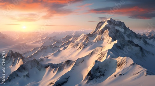 Fantastic panorama of snowy mountains at sunset. 3D illustration
