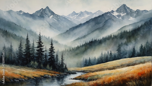 panorama of the mountains in winter, Watercolor