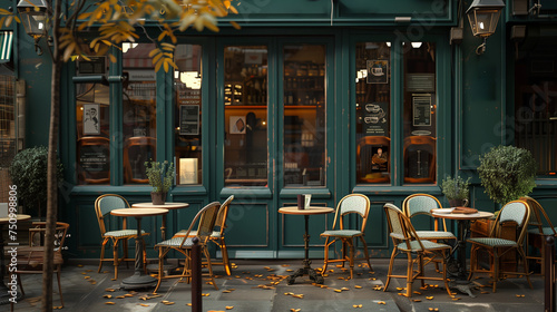 cafe in the city, Paris coffee shop ambiance, elegant cafe, green is the main color, vintage retro style