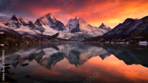 Panoramic view of snow capped mountains reflected in water at sunset