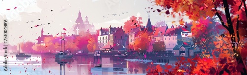 beautiful autumn city scenery painted Generative AI