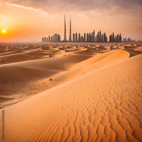 Let AI paint a picturesque scene: As the sun dips below the horizon, the Dubai skyline emerges like a mirage in the desert, a testament to human achievement amidst the tranquil beauty