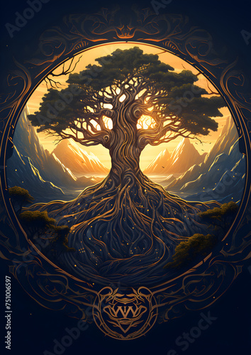 Yggdrasil tree logo - central sacred tree in Norse cosmology, viking mythology, 