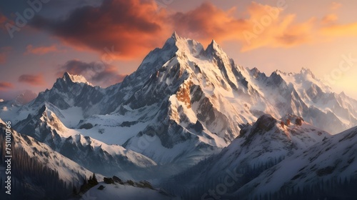 Panoramic view of the snowy peaks of the Caucasus mountains at sunset