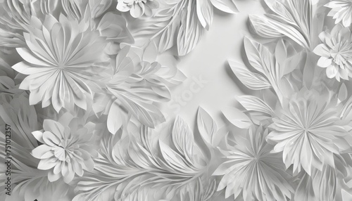 3d render abstract white background with paper flowers and leaves floral pattern botanical wallpaper