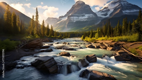 Mountain river in the Canadian Rockies. Panoramic view.