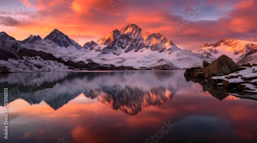 Fantastic panorama of snow-capped mountains reflected in lake at sunset