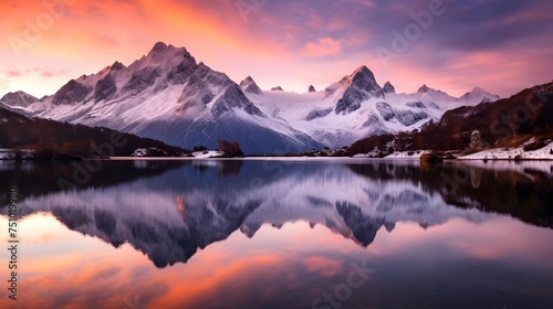 Panoramic view of snowcapped mountains reflected in the lake.
