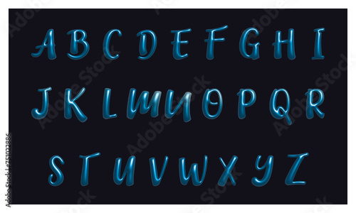 Glossy 3D font in Y2K style: shiny plastic holographic English letters. Vector elements for social media, web design, posters, collages, apparel, music albums. 