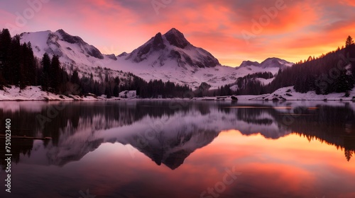 Panoramic view of snow capped mountains reflected in lake at sunset