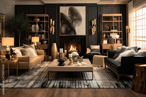 Golden Glamour: Luxe Hollywood Living Room with Wooden and Clay Decor, Luxurious Rugs
