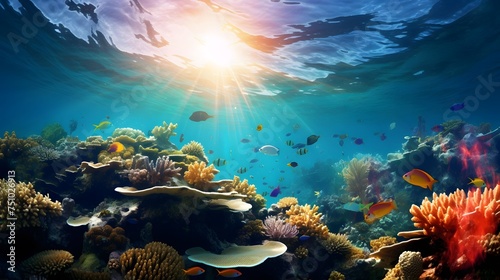 Underwater panorama of coral reef and tropical fish at sunset.