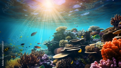 Underwater panorama of coral reef with tropical fish and sunlight.