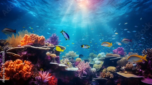 Underwater panorama of coral reef and tropical fish. Philippines.