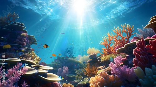 Coral reef and fish. Underwater world. 3d render