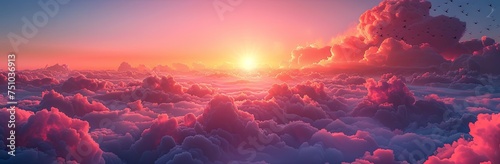 a sky with clouds and birds at sunset, in the style of dark pink and light azure, nostalgic mood, photo-realistic landscapes, dark pink and light orange. Generative AI
