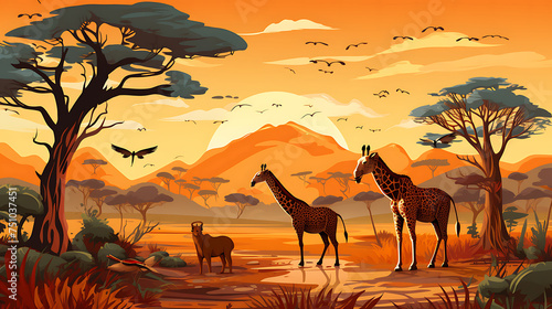A vector graphic of a safari scene with wild animals.