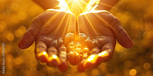 Golden Gratitude Macro Background. A close-up of outstretched hands holding a radiant sun, symbolizing gratitude and appreciation for life's blessings