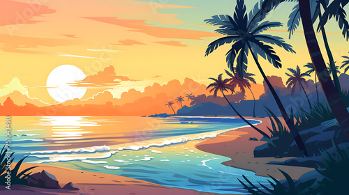 A vector image of a serene beach with palm trees.