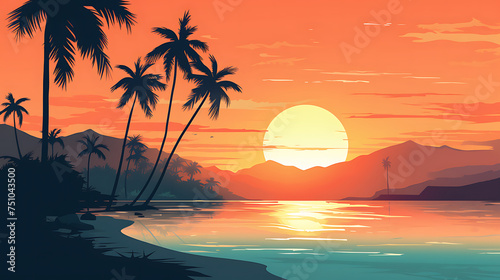 A vector image of a serene beach with palm trees.