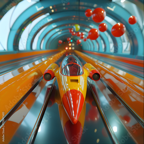 spaceship from star wars movie, brutalities style, bauhaus style, oscar nice Meyer style, wes anderson c, toboggan slide, blue, yellow, red, with candy Ai generative 