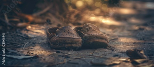 This image showcases a pair of faded, grimy, and time-worn slippers placed on the ground. The shoes appear old and well-used, adding a sense of wear and tear to the scene.