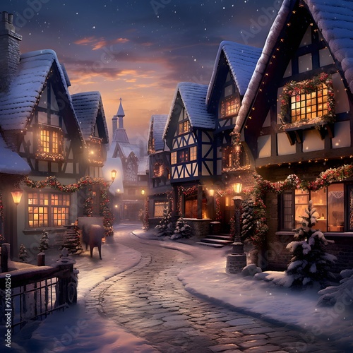 Digital painting of a winter street with houses and christmas lights.