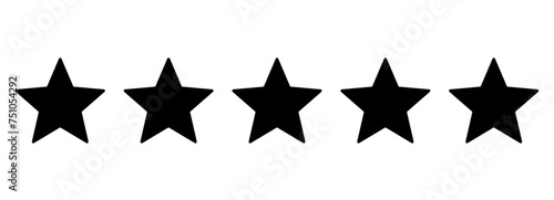 Five flat black stars isolated on a transparent background – Five stars for product reviews or ratings, apps, and more