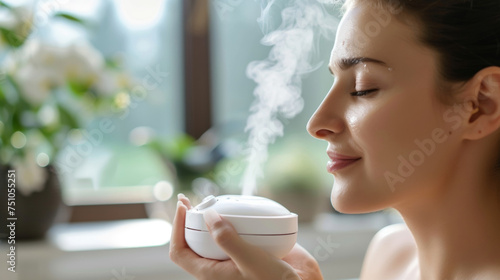 A womans hand holding a facial steamer with her face in the background enjoying the warming and hydrating effect.