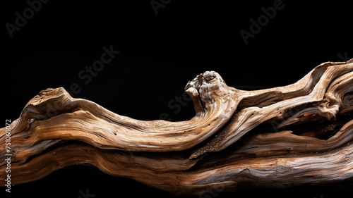 A dramatic piece of driftwood emerges against a stark black background