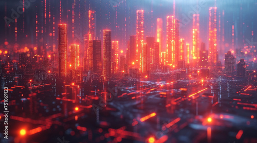 A futuristic cityscape with buildings made up of graphs and charts depicting the impact of revenue growth on different industries and sectors of the economy. The buildings