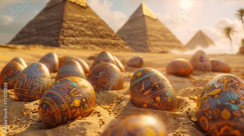 An Easter celebration in an ancient Egyptian setting, where eggs are decorated with hieroglyphs and placed in the sand. Pyramids and sphinxes watch over the festival under clear desert skies.