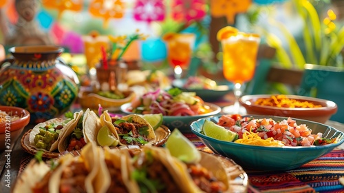 Traditional Mexican Feast, Colorful Setting, Fresh Tacos, Salsa and Chips, Vibrant Table Decor, Cinco De Mayo Festive Atmosphere, AI Generated.